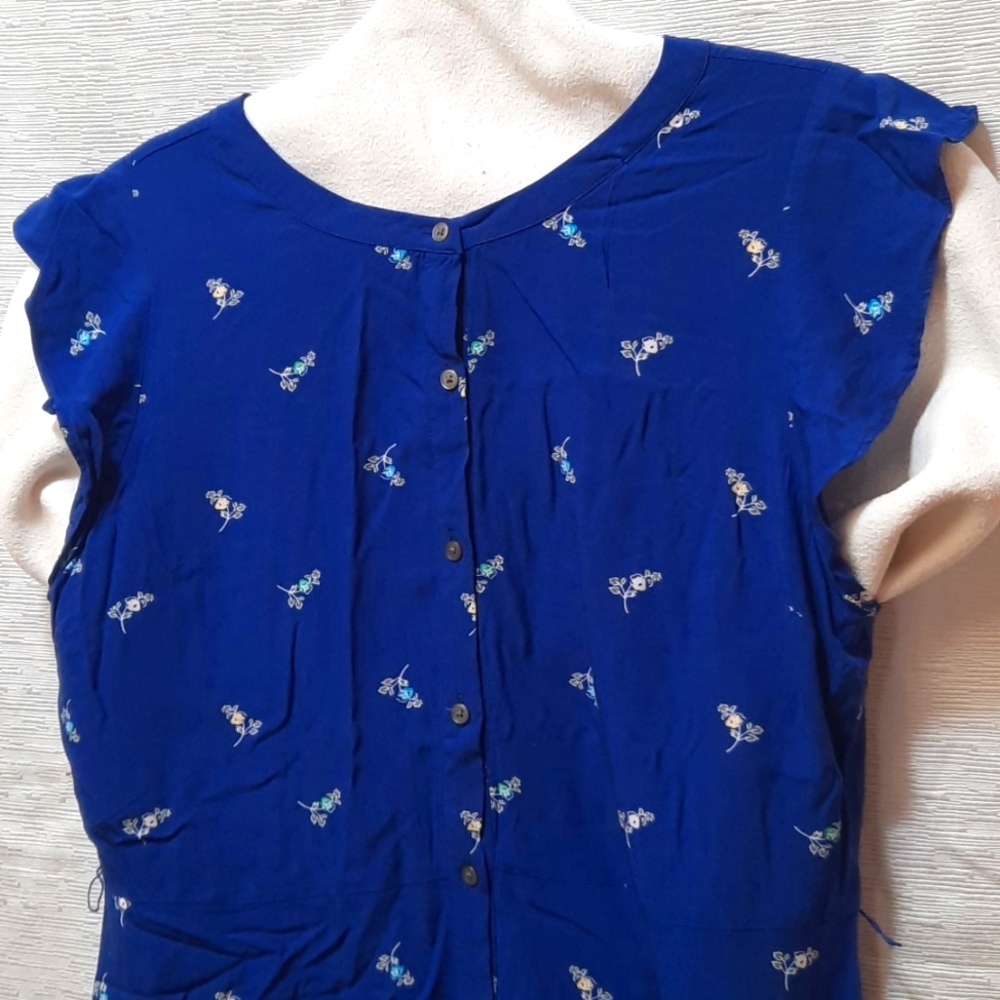 LOFT Blue Floral Button Down Shirt Dress With Capped Flutter Sleeves